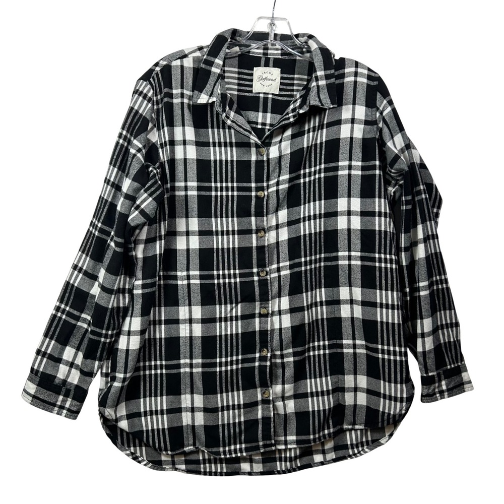 Jachs Girlfriend Womens XL Plaid Button Down Shirt Black White Long Sleeve Rayon